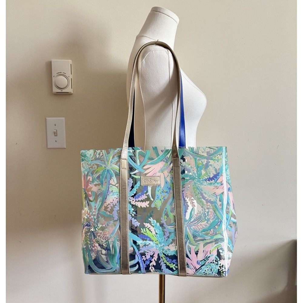 Lilly Pulitzer Breezy Tote Bag Clear Colorful Tropical Print Pink Blue Beach PVC